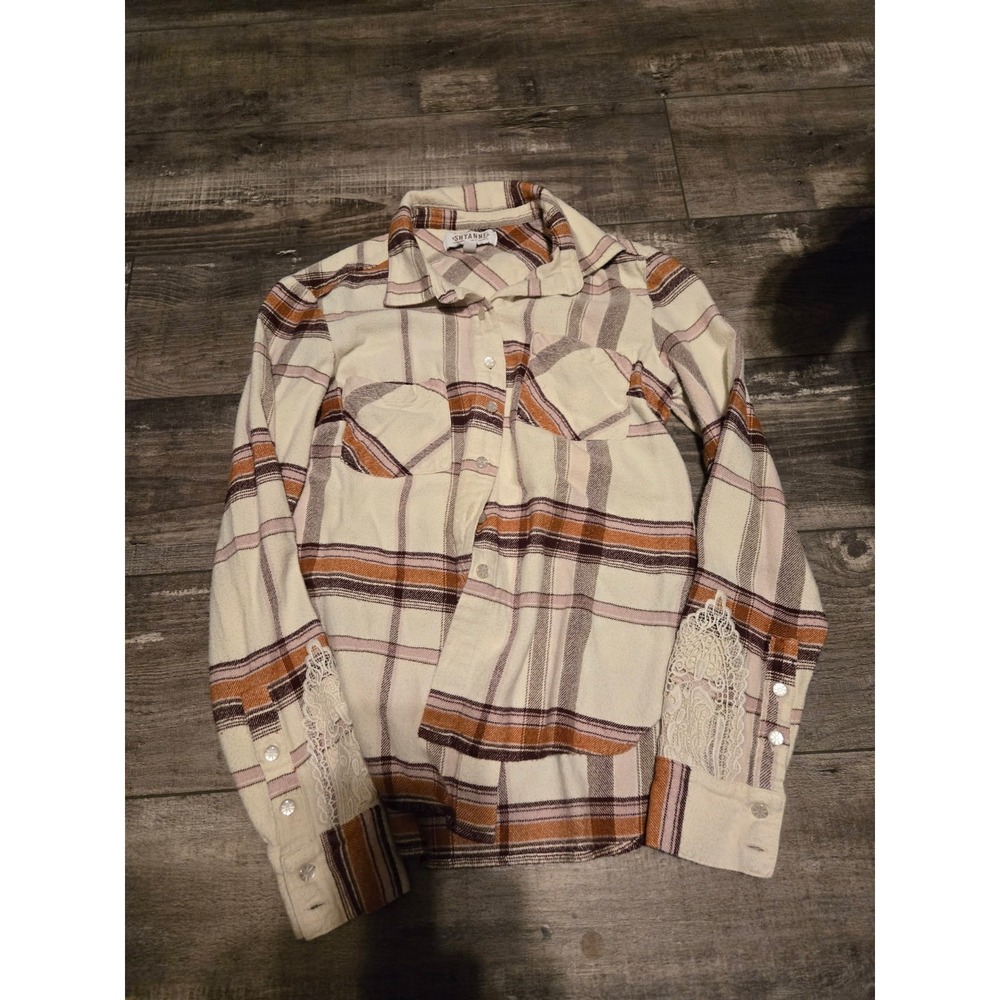 Shyanne Women's Lace Applique Plaid Print Button-Down Flannel Shirt Sz S Western